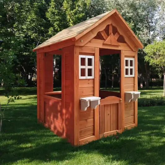 All Wooden Kids Playhouse With 2 Windows And Flowerpot Holder