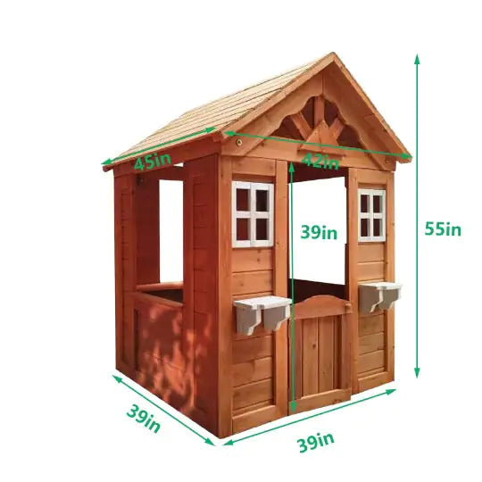 All Wooden Kids Playhouse With 2 Windows And Flowerpot Holder